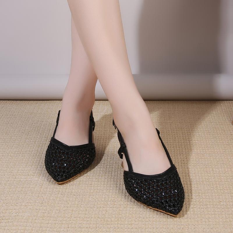 New French Niche Temperament Mid-heel Cut-out Woven One-line Buckle Strap High Heels Pointed Toe Shallow Mouth Sandals