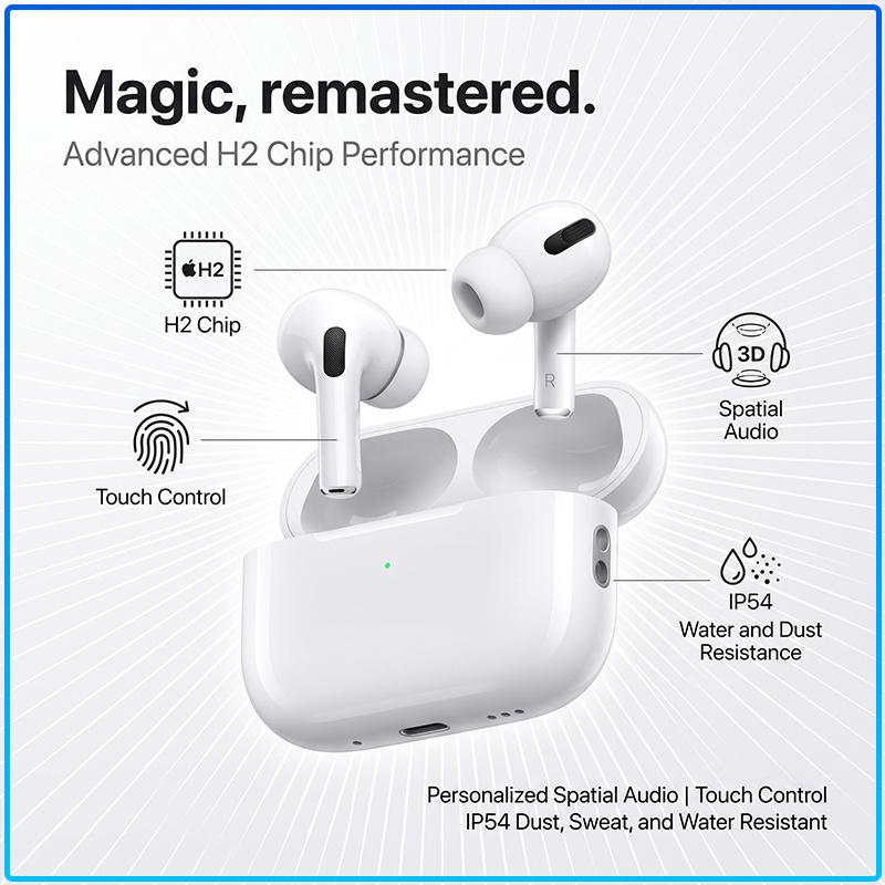 Apple AirPods Pro Second Gen ANC Earbuds Adaptive EQ Dynamic Head Tracking Auto Pair Wireless Earphones With Charging Case