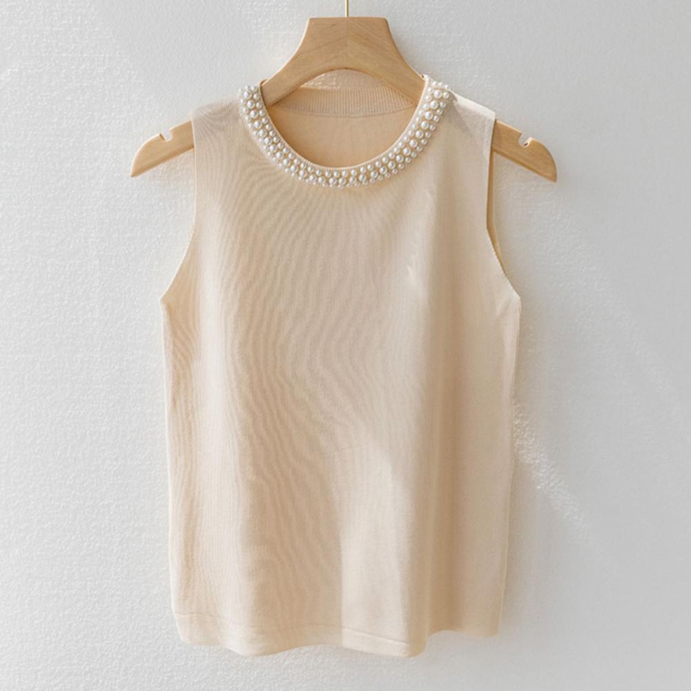 Relaxed Fit Fit Vest Top Elegant Faux Pearl Knit Vest Comfortable Tank Top Stylish 3d Cut Relaxed Fit Fit Blouse for Women Sleeveless Tee