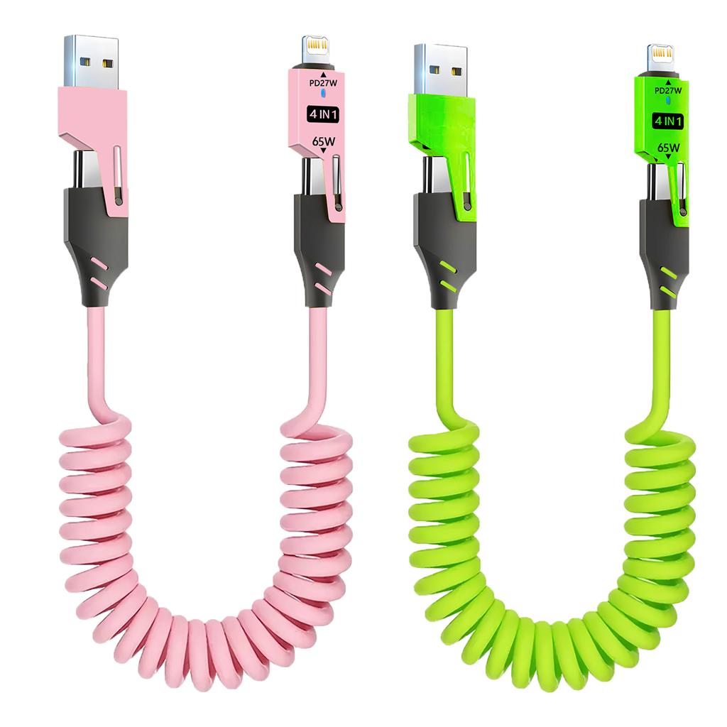 1/2PCS 4-in-1 Spring Data Cable & 65W Quick Charger: 6A USB Type-C Telescopic Wire Compatible with iPhone/iPad/MacBook/Huawei