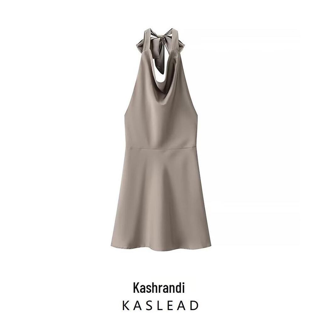 Spring 2025 Women's Fashion: European & American Style Backless Halterneck Silk Satin Short Dress