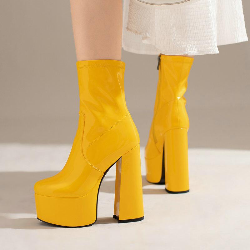 Women Ankle Boots Platform Square High Heel Ladies Short Boots
