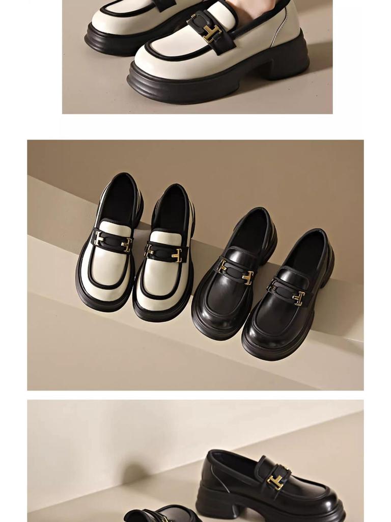 Qi Le 2024 Women's Spring/Summer Round Toe Chunky Heel Leather Loafers