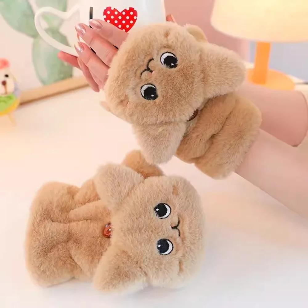 

Windproof Fingerless Gloves Warm Flip Cover Gloves Cute Cat Plush Mittens Women хакі