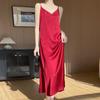 Elegant Solid Color Flower Acetate Satin V-Neck Spaghetti Strap Summer Dress for Women