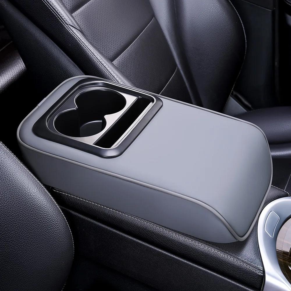 2 in 1 Car Armrest Cushion with Cup Holders, PU Leather Center Console Pad, Portable Height Adjustable Pillow for Comfort Suppor