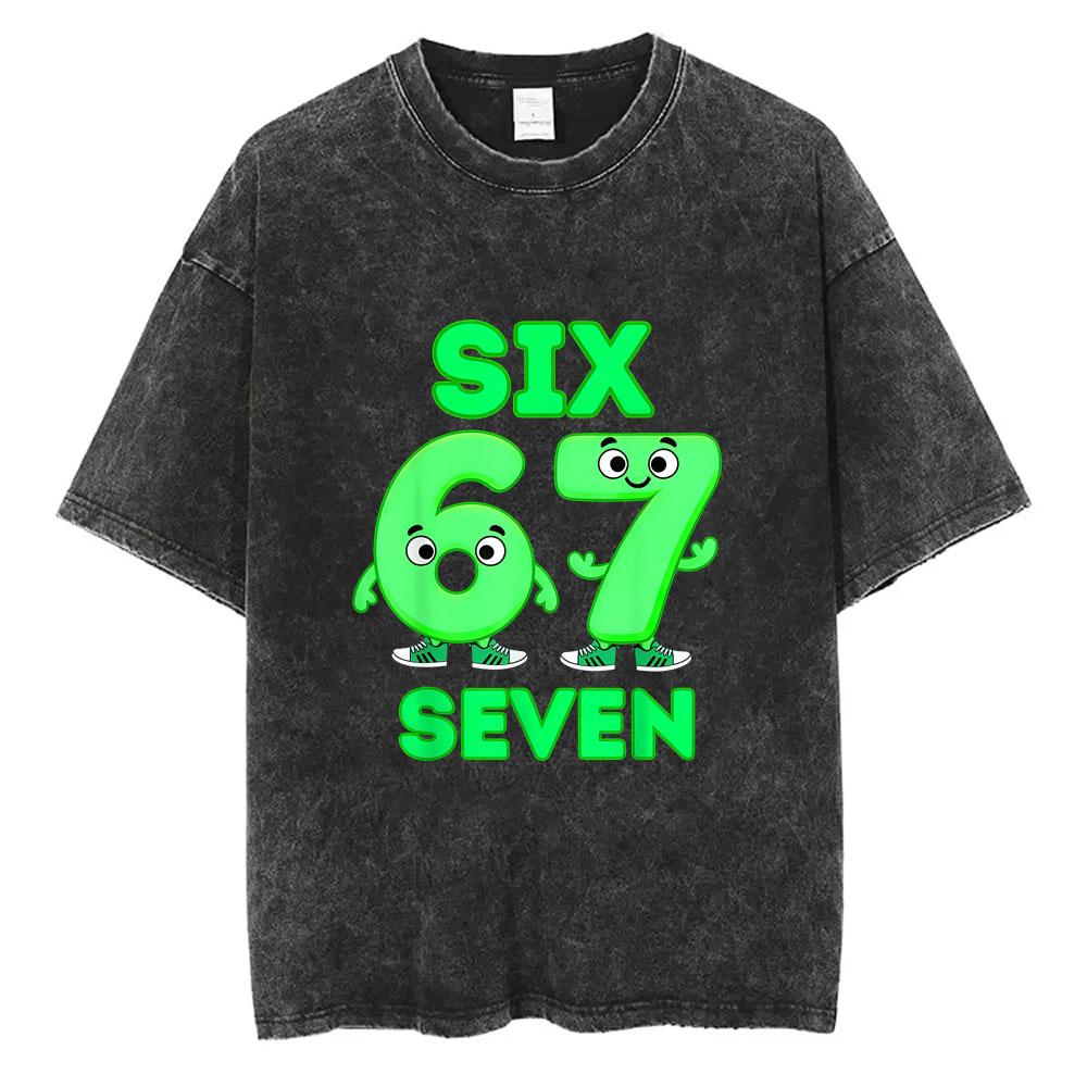 Funny Italian Brainrot Vintage Washed Tshirt Six Seven Number Tshirt Men Women Casual Oversized Streetwear Male Casual Tees