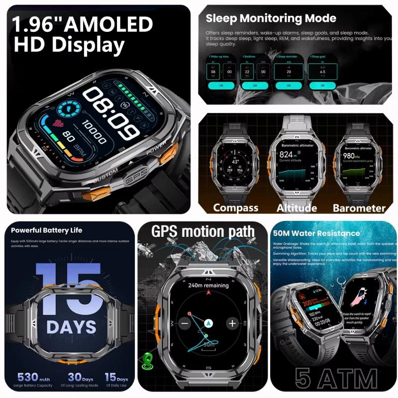 2025 New GPS Track Smart Watch Men 5ATM Waterproof 1.96"AMOLED Always Display Compass Heart Rate 530mAh Battery BT Call Smartwatch