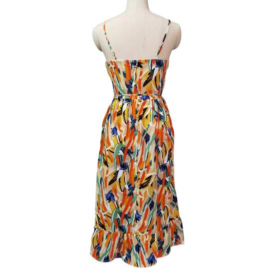 Summer Beach Dress V Neck Sleeveless Spaghetti Strap Shirring Backless Colorful Print Back Zipper Strappy Waist Vacation Sundress Holiday Slip Dress