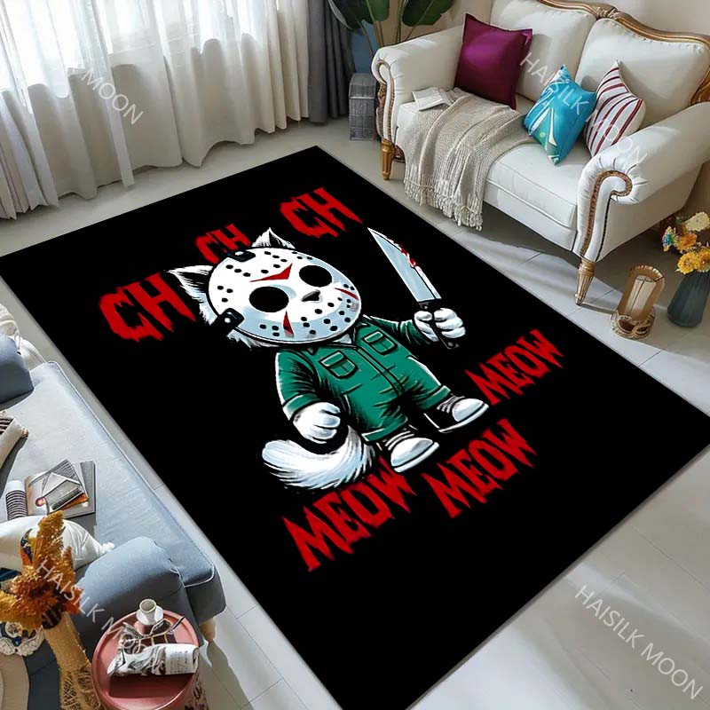 Scary Mask Cat Halloween Theme Carpet for Living Room Bedroom Bedside Floor Mat Cloakroom Area Rugged Home Festive Decoration
