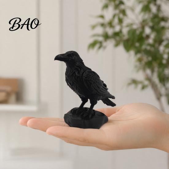 Lifelike Black Bird Ornament 3D Printed Crow Statue, Gothic Dark Academia Sculpture, Matte Raven Decoration Figurine, Stable Rock Base for Desk