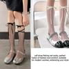 Japanese Lace Up Ribbon Bowknot Over Calf Socks for Women Gothic Hollow Out Sheer Fishnet Mesh Ultrathin Long Stockings
