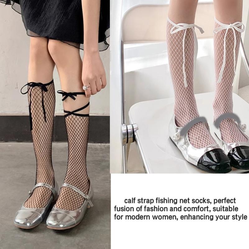 Japanese Lace Up Ribbon Bowknot Over Calf Socks for Women Gothic Hollow Out Sheer Fishnet Mesh Ultrathin Long Stockings