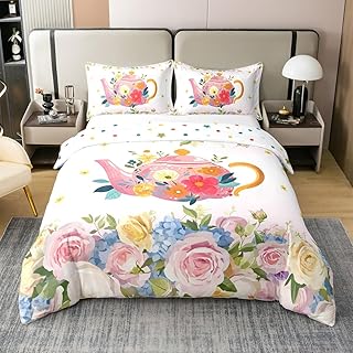 Lovely Bohemian Style Cup Shaped Tea Party Soft Duvet Cover Quen Sized Dimensions Children Kids Rom Decor Watercolor Cofe Beding Cup 3 Piece Set