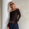 Top a maniche lunghe in pizzo popolare europeo e americano, aderente e leggermente trasparente, corto, sexy stile Spice Girl, monospalla, versatile, da indossare sotto