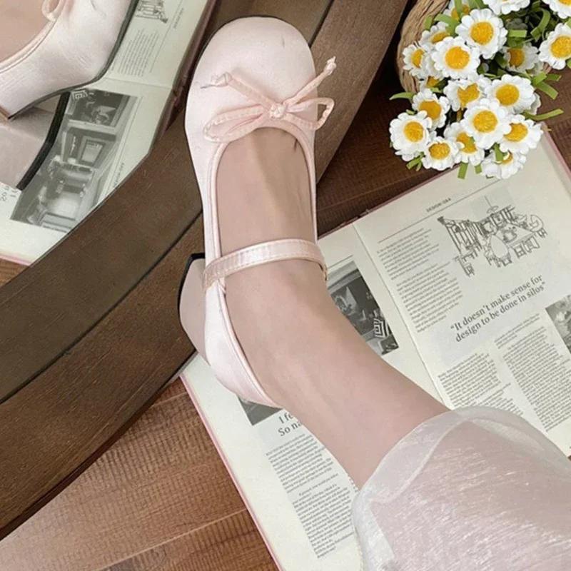 Fashion 2025 spring cute sweet Bowknot Mary Janes for Women  vintage Silk Med Heels  pumps Ladies  Banquet Wedding Single Shoes Mujer