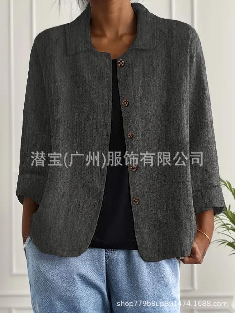 Women's Gray Cardigan with Notch Lapel and Brown Buttons