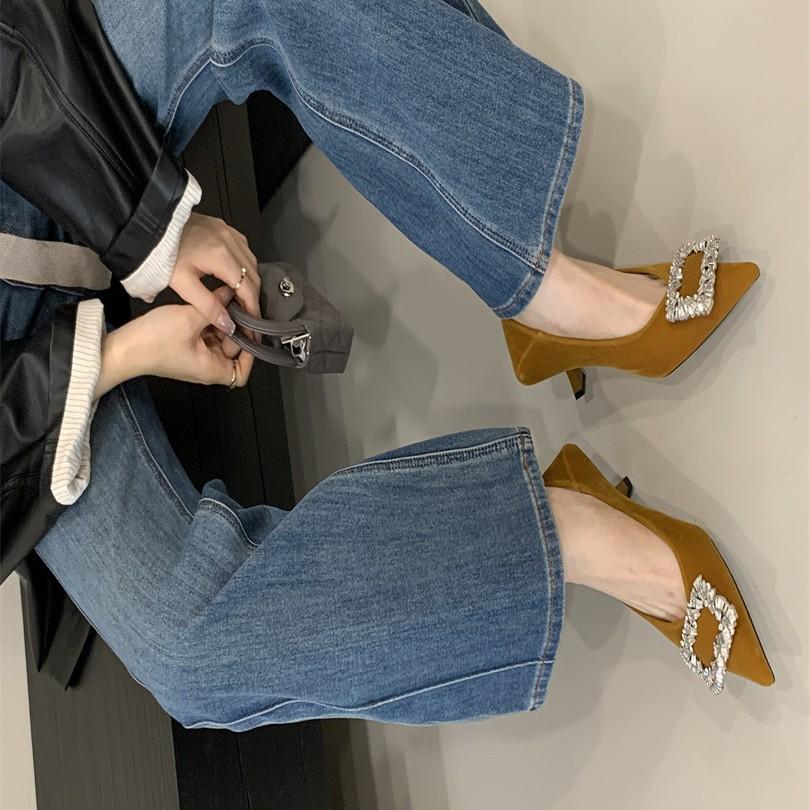 Temperament high heels black professional low heel 2025 spring and summer new pointed head shallow mouth square rhinestone thin heel single shoes gram