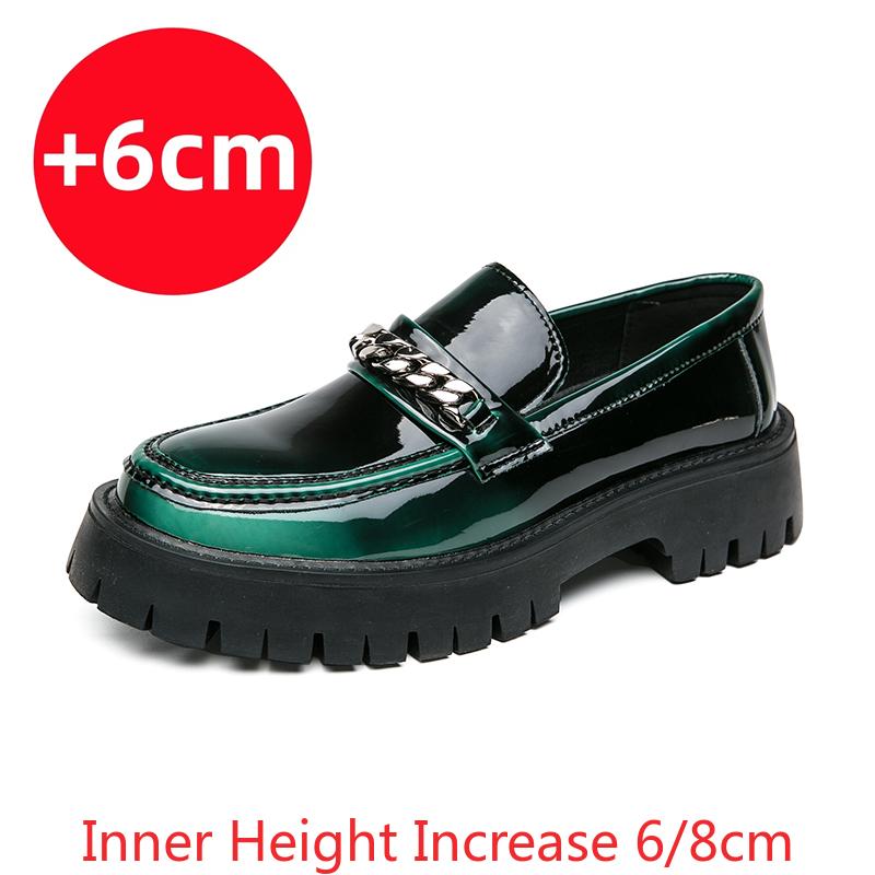 Fashion Men British Style Patent Leather Business Loafers Men Platform Casual Shoes Chain Design Men Oxfords Green Streetwear Footwear