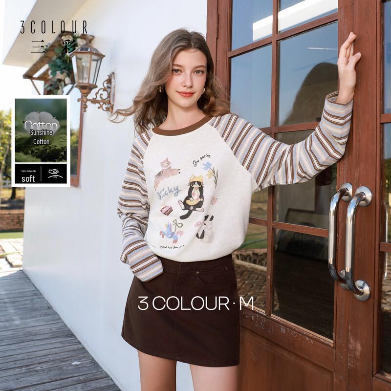 San Cai 2026 Spring Striped Raglan Sleeve Cartoon Print T-Shirt L