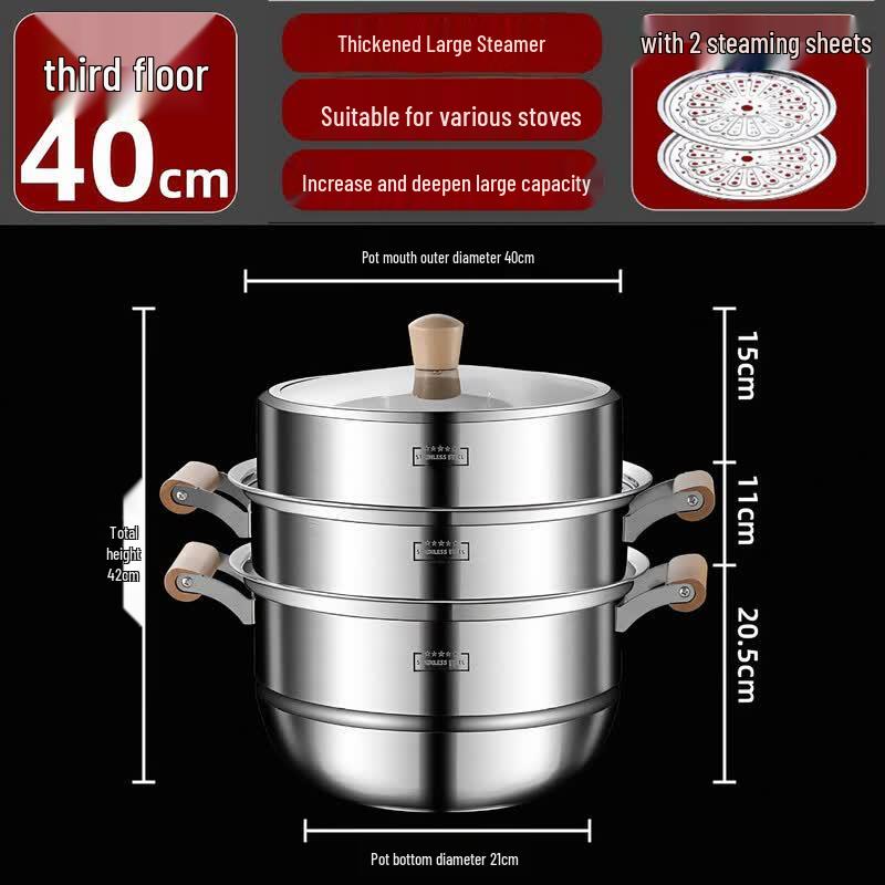 40cm 3-Tier Food-Grade Stainless Steel Steamer with Wooden Handle