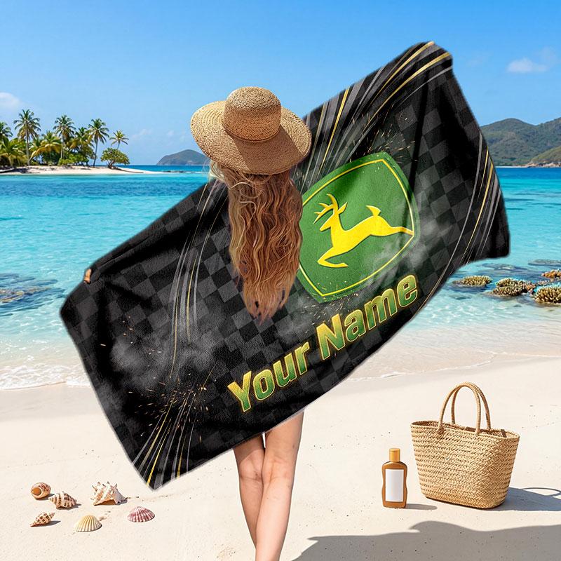 John Deere Customized Name Text Beach Towel, Soft Absorbent Towel Beach Pool Travel Personal Gift