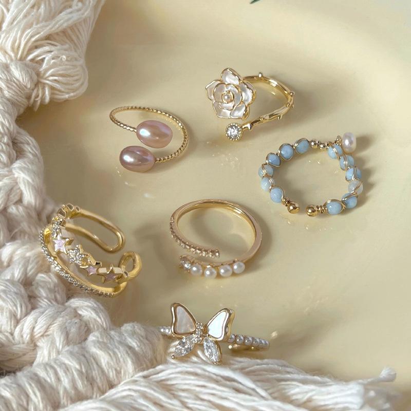 Camellia Butterfly Fashionforward Pearl Copper Ring For Women With Unique Shape Geometric