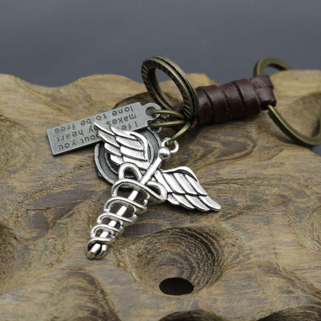 Men's Retro Caduceus Medical Symbol Keychain with Angel Wings Pendant