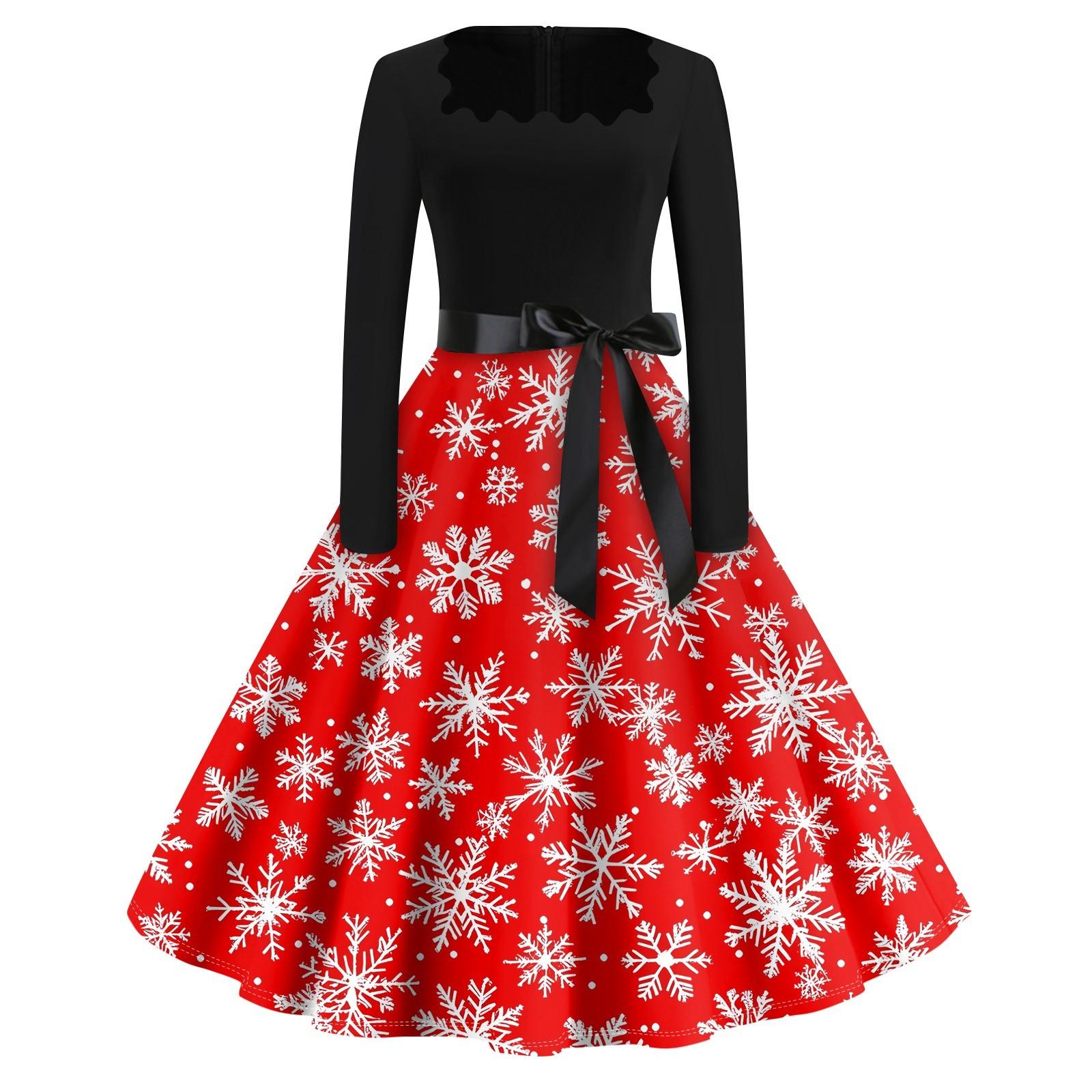 

Рождественский принт расклешенное платье для женщин платье с длинным рукавом ажурное вечернее повседневное платье с квадратным воротником XL арбуз красный