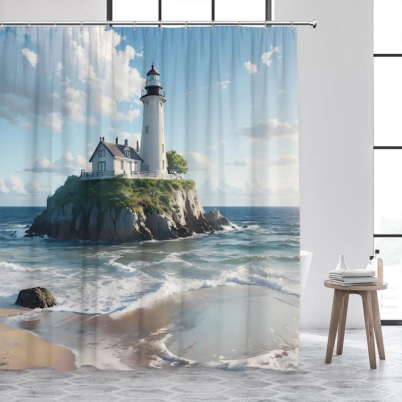 Blue Ocean Lighthouse Shower Curtains Vintage Boat Seagull Sea Waves Watercolour Art Modern Bathroom Curtain Decor With Hooks