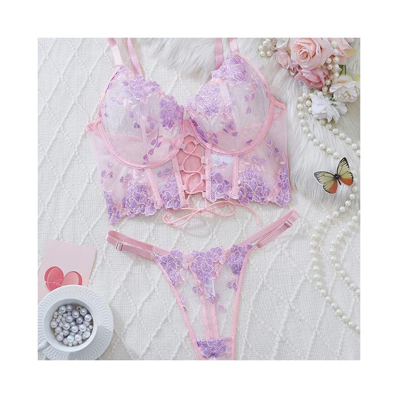 European & American Floral Lace Strappy Lingerie Set - Pink & Purple Push-Up Mesh