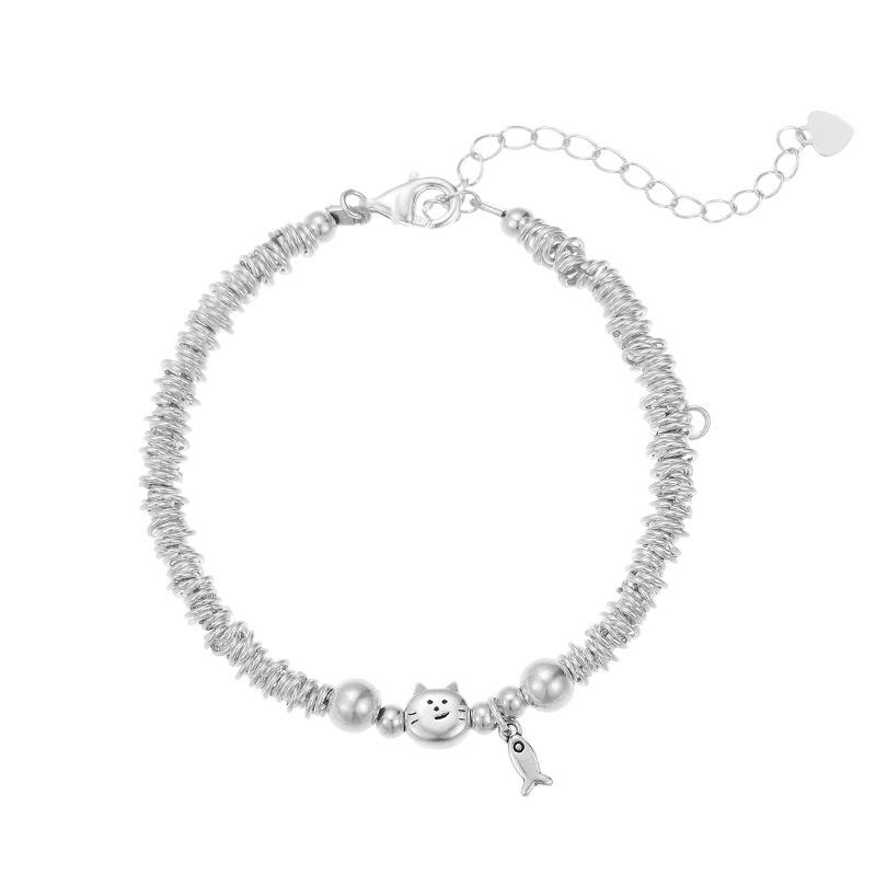 Cui Yan S925 Sterling Silver Korean Style Cat & Fish Wrap Bracelet for Women - Simple, Niche Design, 2025 New Collection.