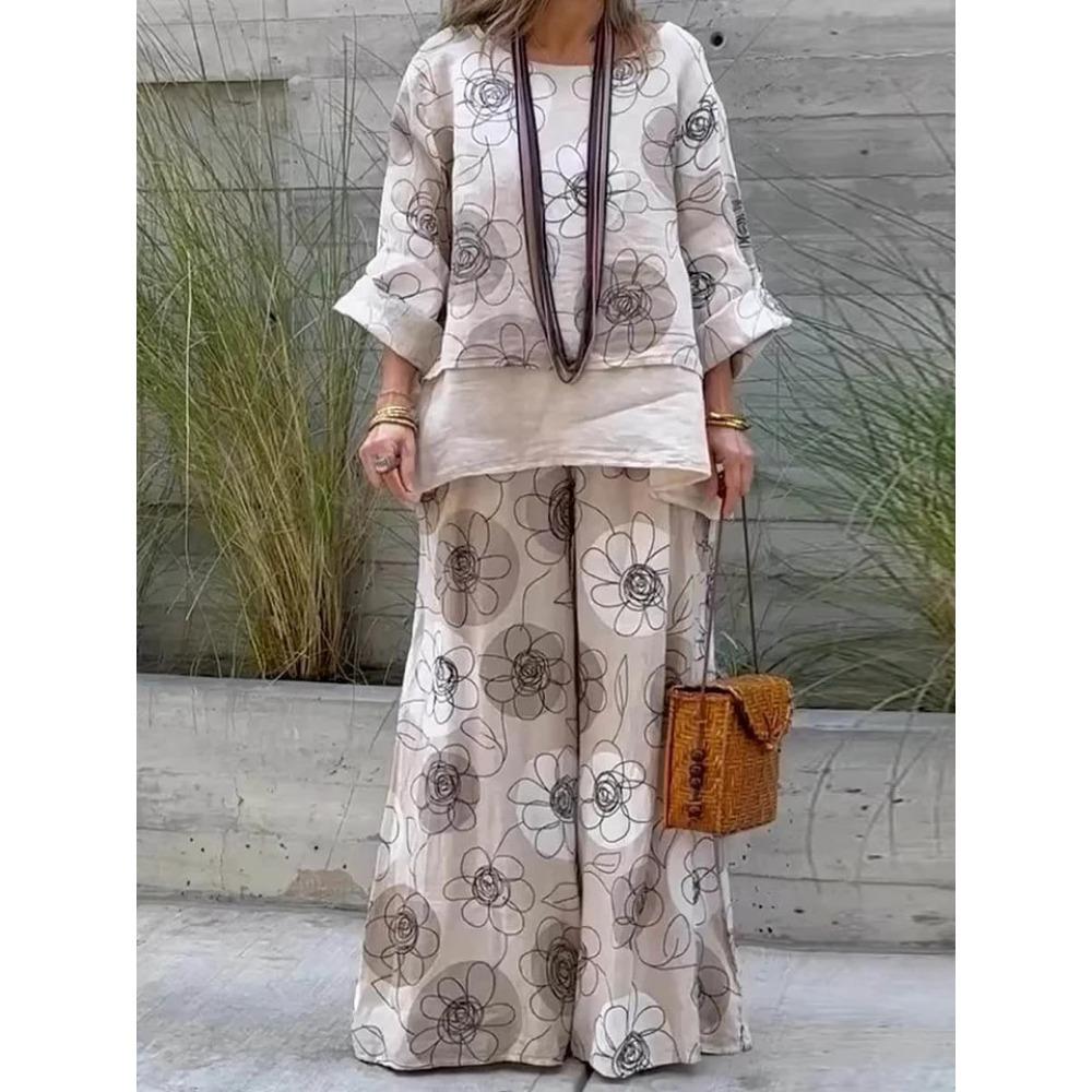 Autumn New Collection of Women's Round-neck Printed Fashionable Casual Two-piece Loose Trousers