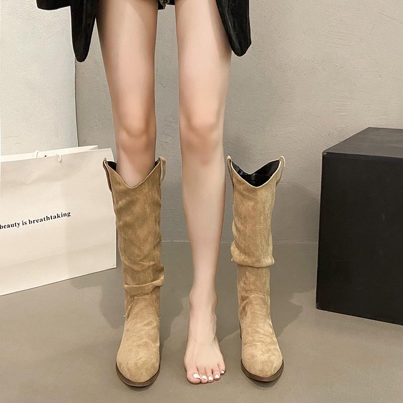 Thick Heel Vintage Brown V-Mouth Pile Tall Boots Women's Shoes 2025 Autumn Pointed Western Cowboy Boots