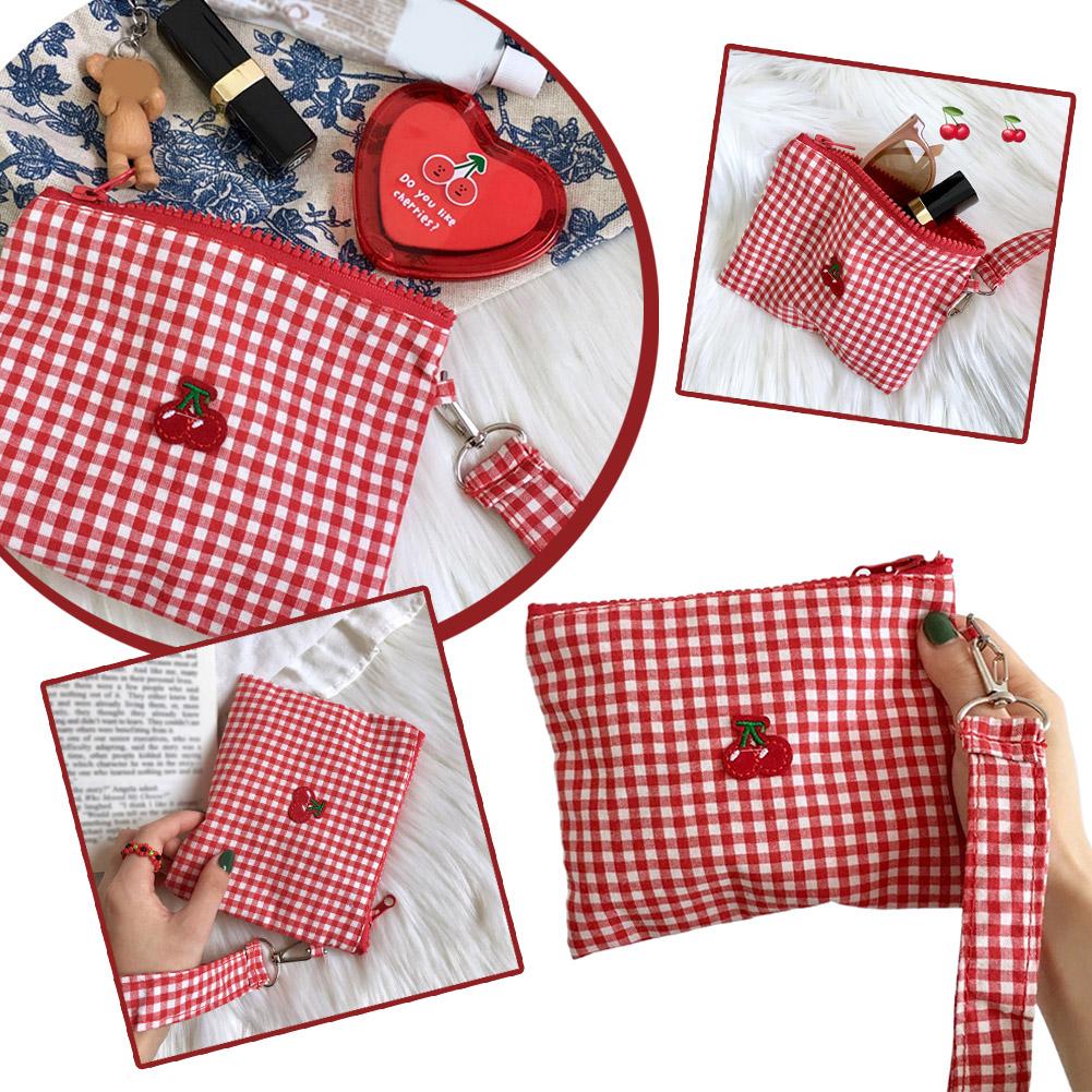 Red cherry canvas makeup bag Red plaid portable Large Capacity cosmetic lipstick storage bag Travel Toiletry Handbag Pouch