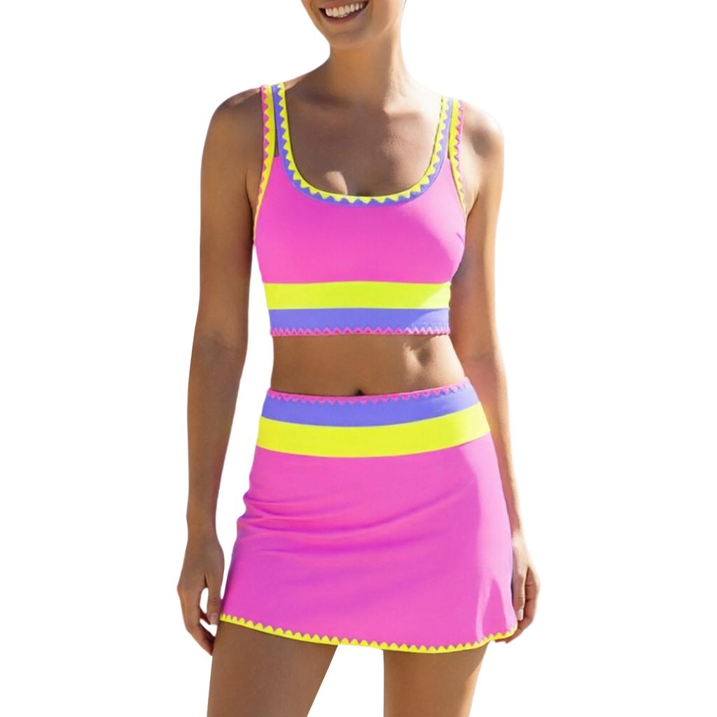 Women Two Piece Tankini Swimsuit Set Scoop Neck Crop Top and High Waist Skirt Swimwear with Trim Design