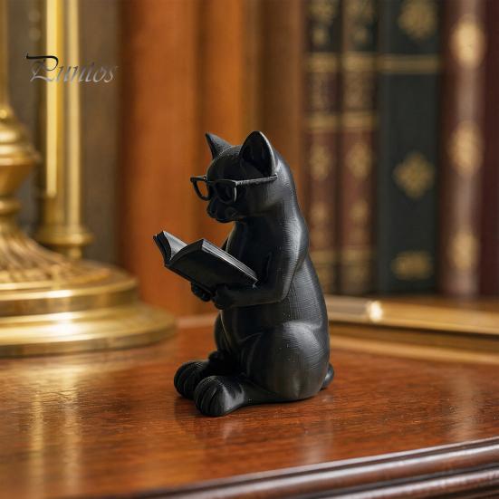 Décoration Chat de Bureau Figurine de Lecture Imprimée en 3D, Ornement Décoratif avec Base Lestée Antidérapante, Statue Intellectuelle à Texture Haut de Gamme Lunettes