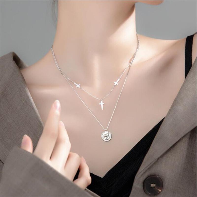New Temperament Round Brand Angel Female 925 Sterling Silver Jewelry Personality Double Cross Pendant Necklaces TYB367