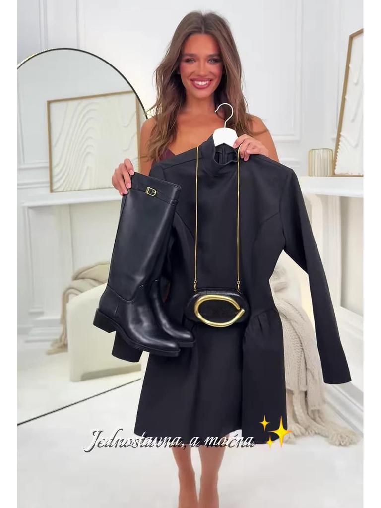 2025 Autumn High Neck Long Sleeve Black Short Dress for Women