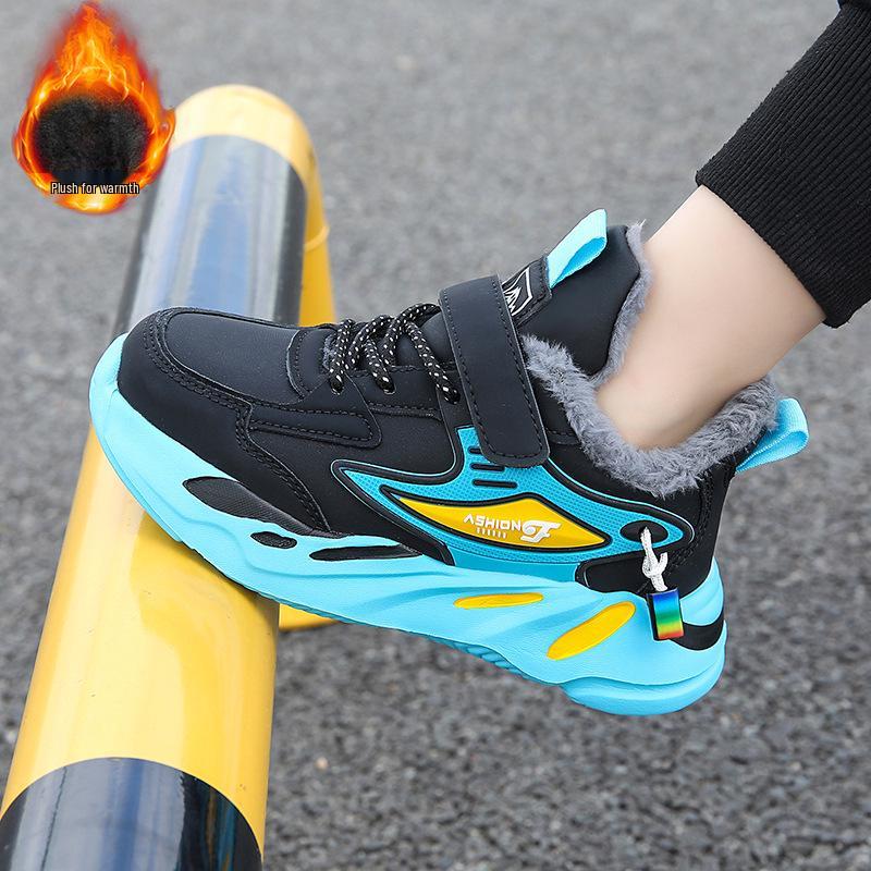

Boys Waterproof 2025 Winter Velvet-Lined Leather Sports Shoes - Non-Slip, Warm Running Shoes for Middle and Big Kids Size 34