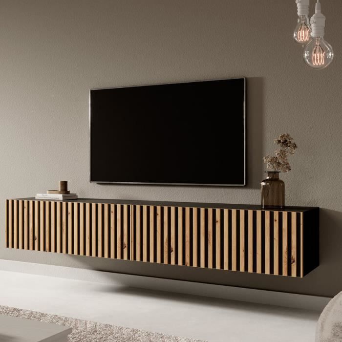 Măsuță TV - Negru cu fațadă din stejar artizanal - Telire - 175 x 31,6 x 30
