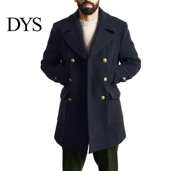 Men Winter Trench Coat Fall Turn-down Collar Double-braested Solid Color Thick Long Sleeve Daily Life Cardigan Pockets Notch British Style Mid Length