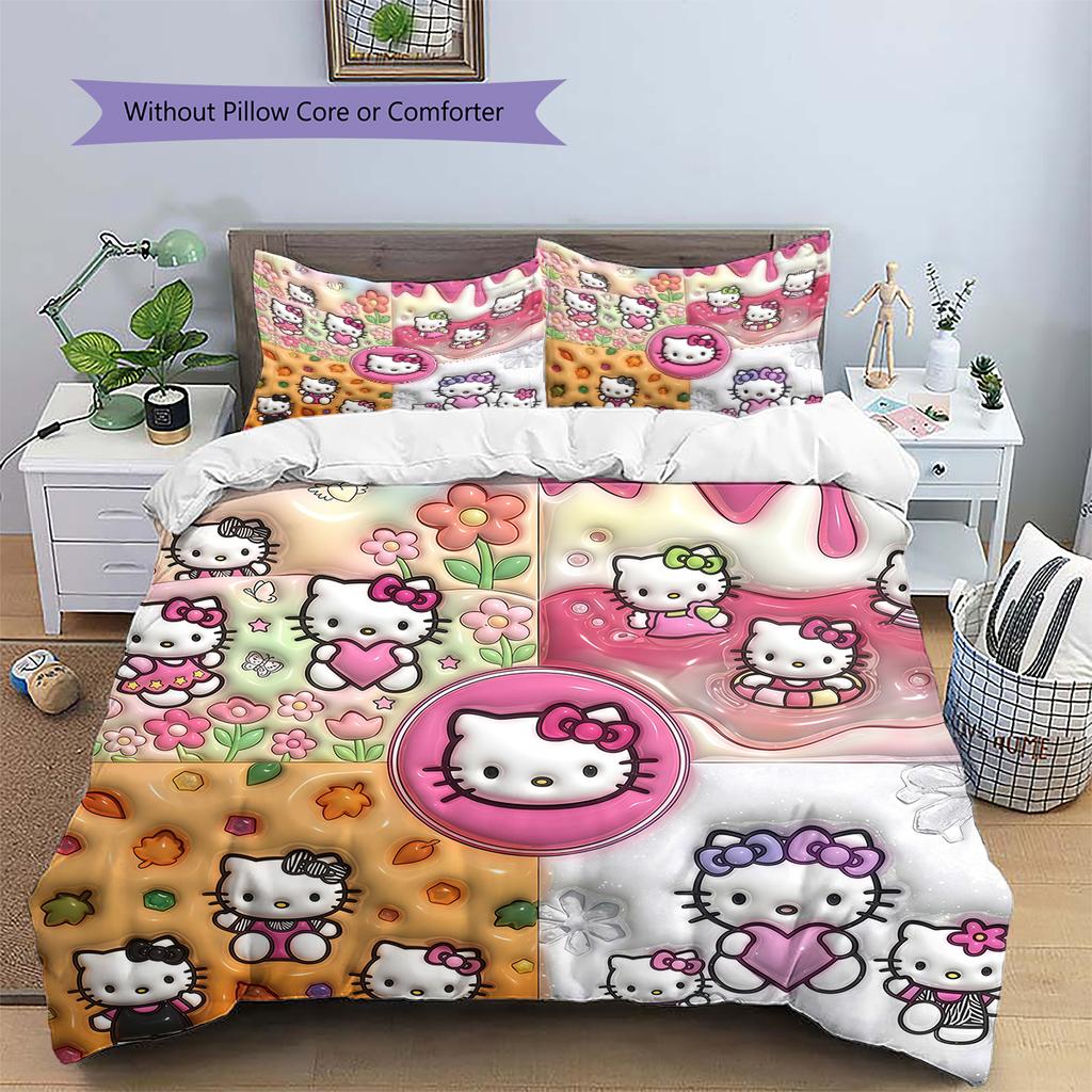 Hello Kitty Cute Pattern Bedding,Quilt Set Quilt Cover Pillowcase Home Birthday Gift(1 * Duvet Cover + 2 * Pillowcase, Without Core)