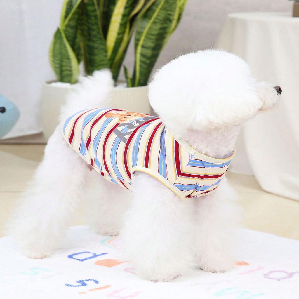 1pc-Pet Swing Bear Print Red Striped Vest Cat and Dog Cute Animal Theme Pet Clothing