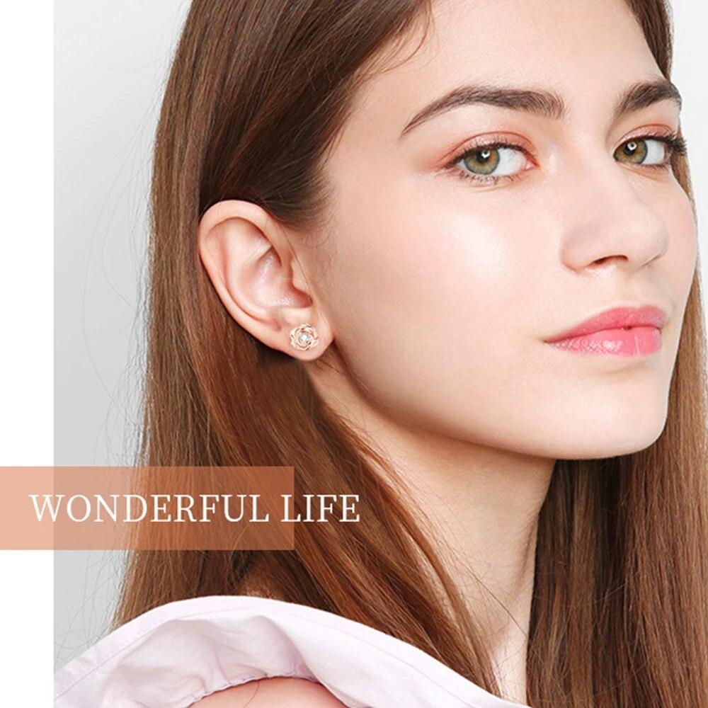 Rose Gold Moissanite Earrings for Women 925 Sterling Sliver 3mm Rose Flower Diamond Stud Earring Fine Jewelry Gift
