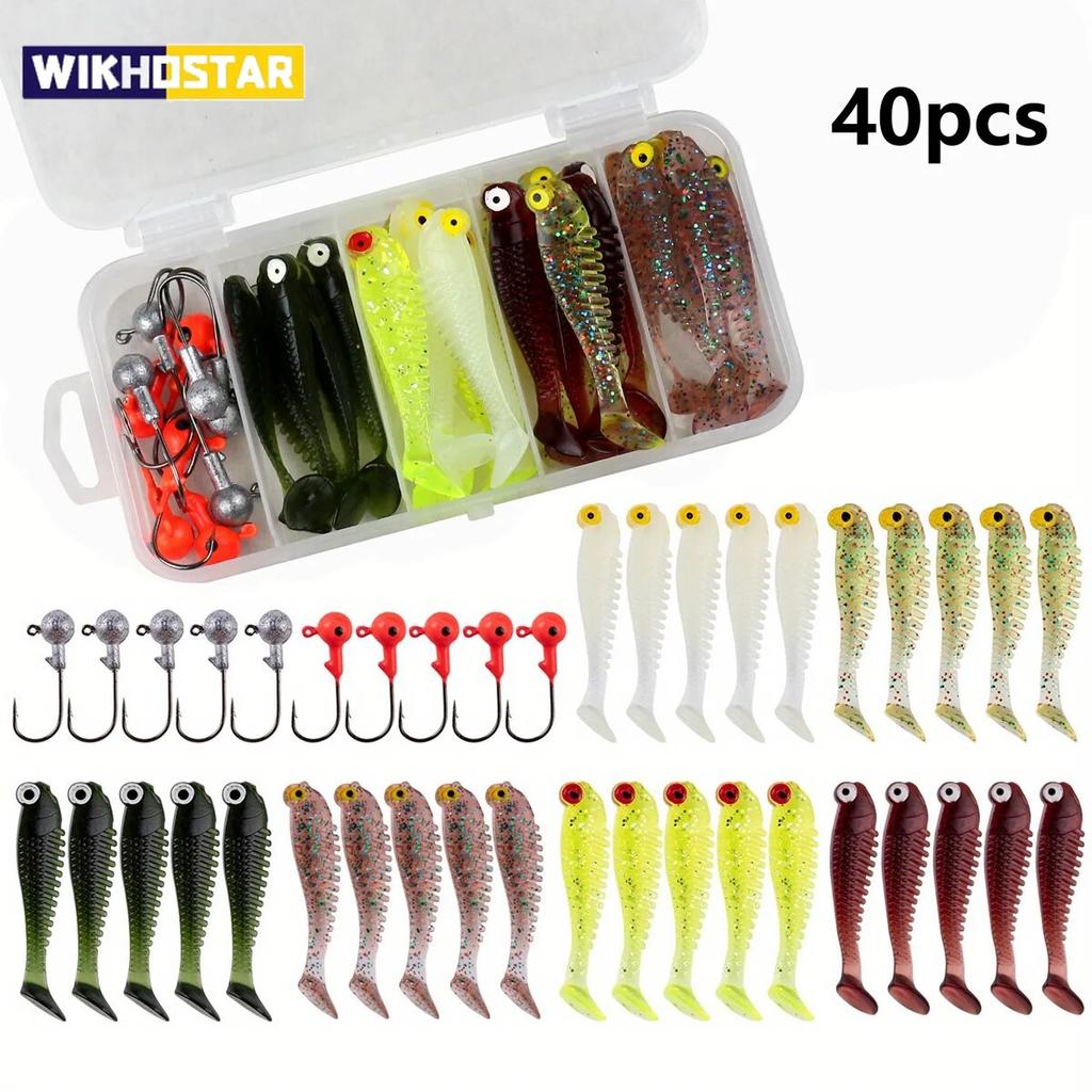 40 unidades/lote Kit de señuelos blandos Señuelo de pesca blando 5 cm 3,5 g Anzuelo con cabeza plomada con caja de aparejos de pesca Pesca
