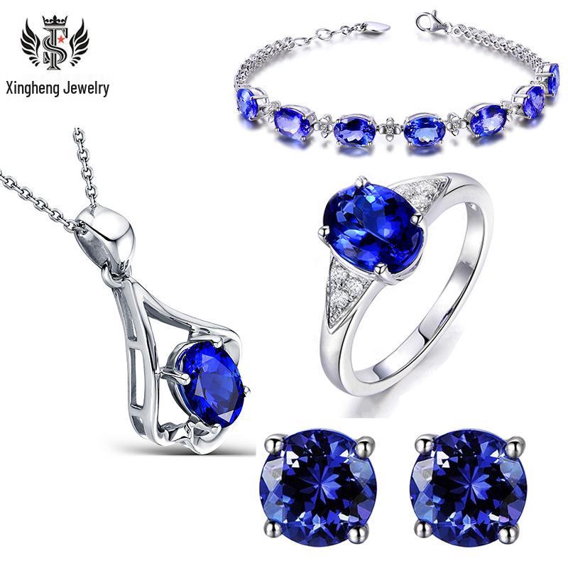 Blue Tanzanite Stud Earrings, Blue Crystal Necklace, Gemstone Bracelet, and Sapphire Ring Set