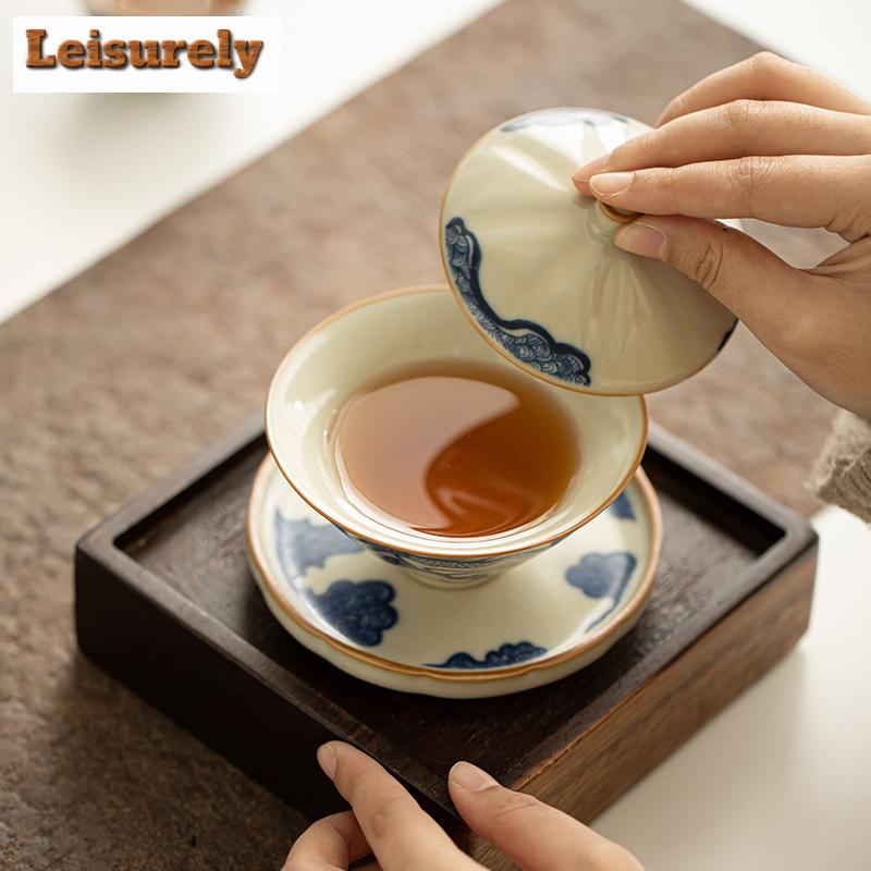 Estetyczny Beżowy Porcelanowy Czajnik z Pieca Ru Wzór Niebiesko-Białego Smoka Czajniczek Xishi Czajnik do Herbaty Gaiwan Rzemiosło Ceremonii Herbaty