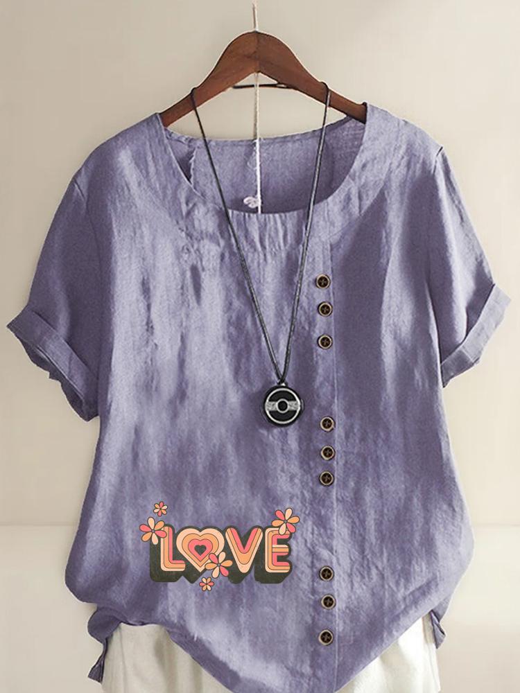 Women's Fashion Love Letters Print Casual Cotton Linen Short Sleeve Round Neck T-shirt Shirt Leisure Loose Summer Blouse Tops
