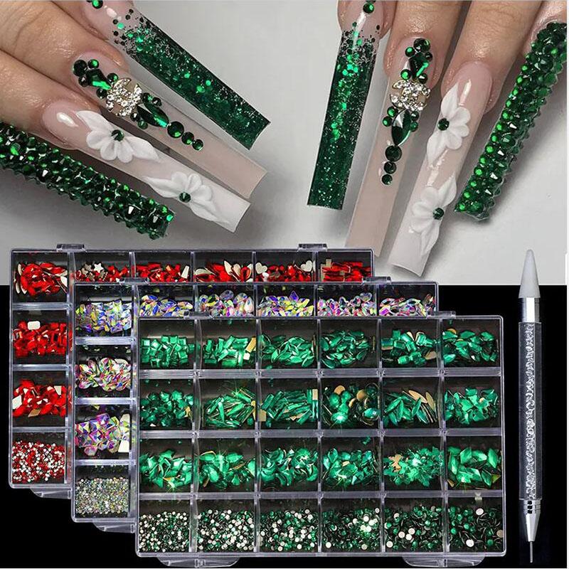 21/24 Grid Luxury Rhinestone Nail Art Jewelry Set Glass Nail Crystals Box Cristales Original 3D Flat Glass Shaped Nail Gems
